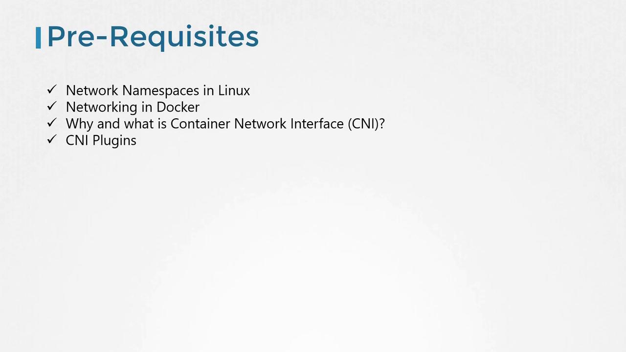 The image lists prerequisites for a topic, including network namespaces in Linux, Docker networking, Container Network Interface (CNI), and CNI plugins.