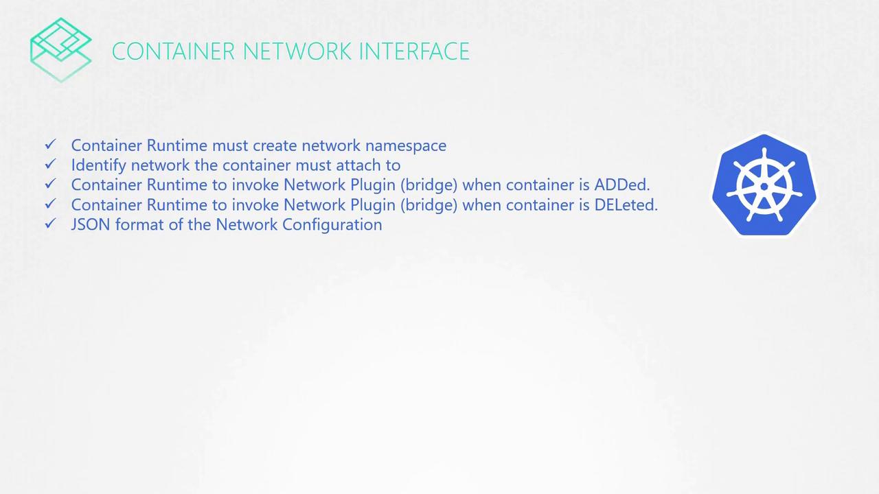 The image outlines key points about Container Network Interface, including network namespace creation, network attachment, plugin invocation, and JSON configuration, alongside a Kubernetes logo.