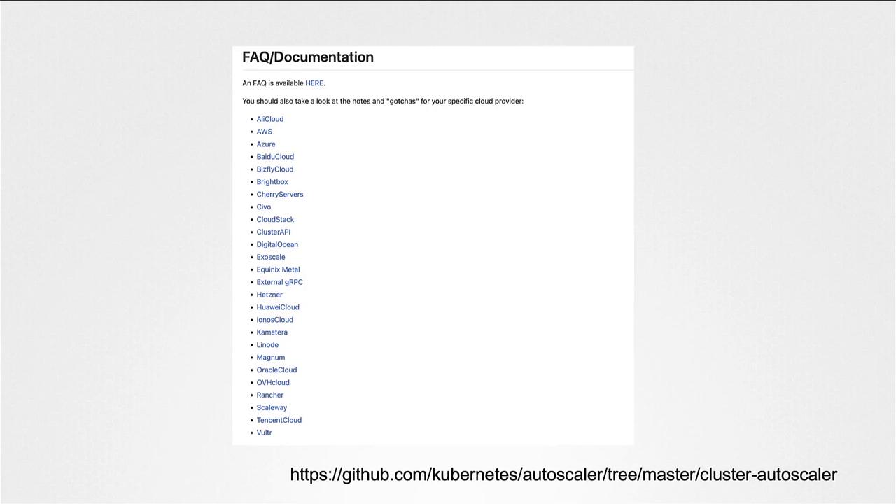 The image shows a list of cloud providers linked under "FAQ/Documentation" for Kubernetes' cluster autoscaler on GitHub.