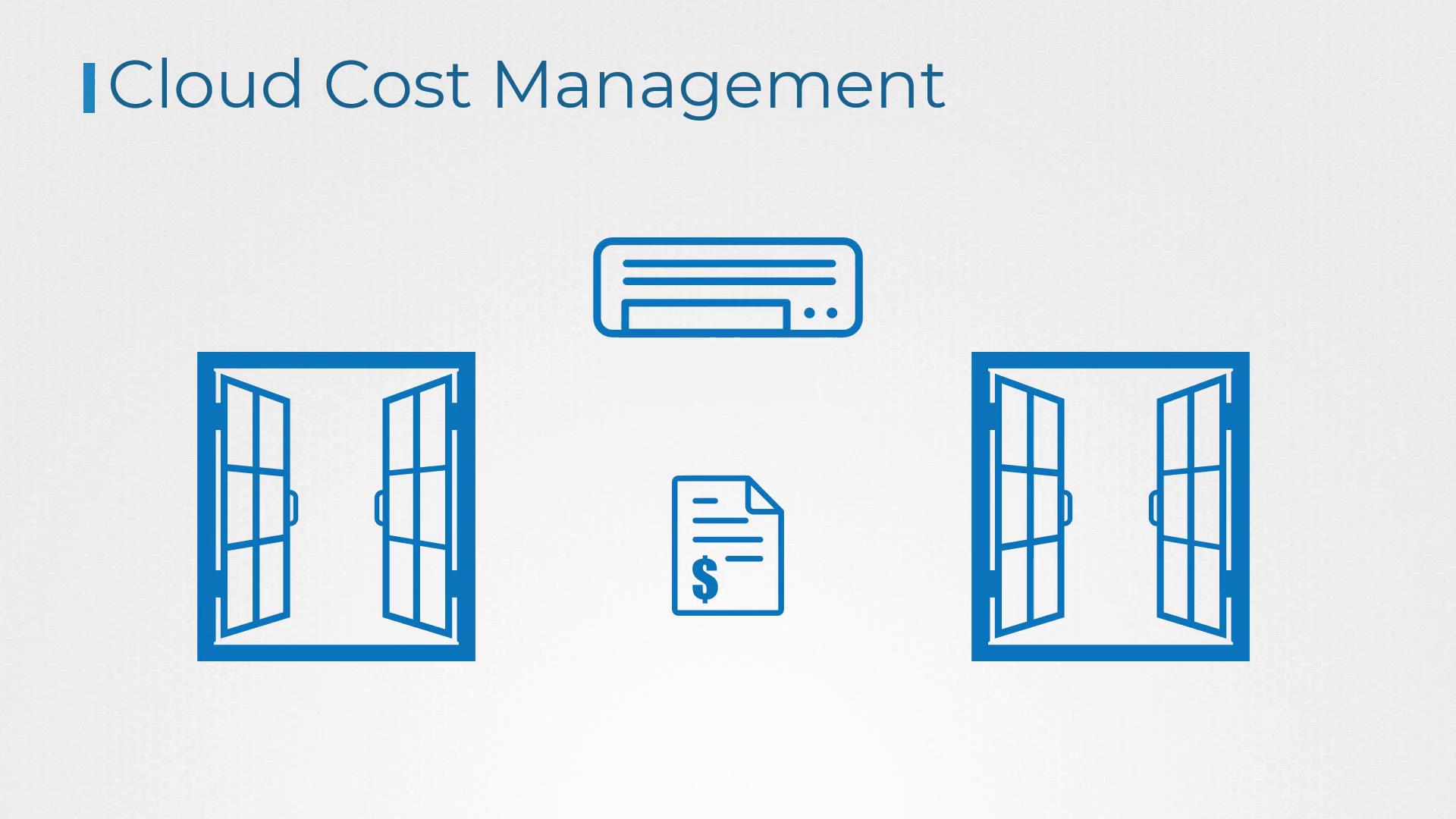The image illustrates "Cloud Cost Management" with icons of open windows, an air conditioner, and a document with a dollar sign.