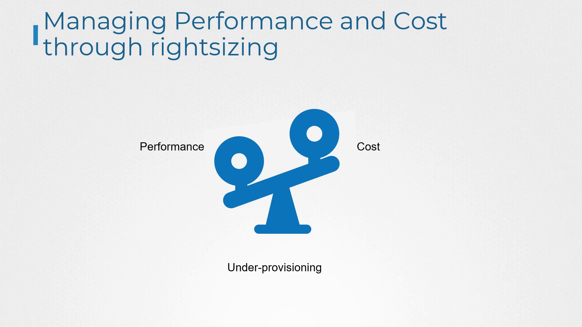 The image illustrates balancing performance and cost through rightsizing, using a seesaw metaphor with "Performance" and "Cost" on either side, and "Under-provisioning" below.