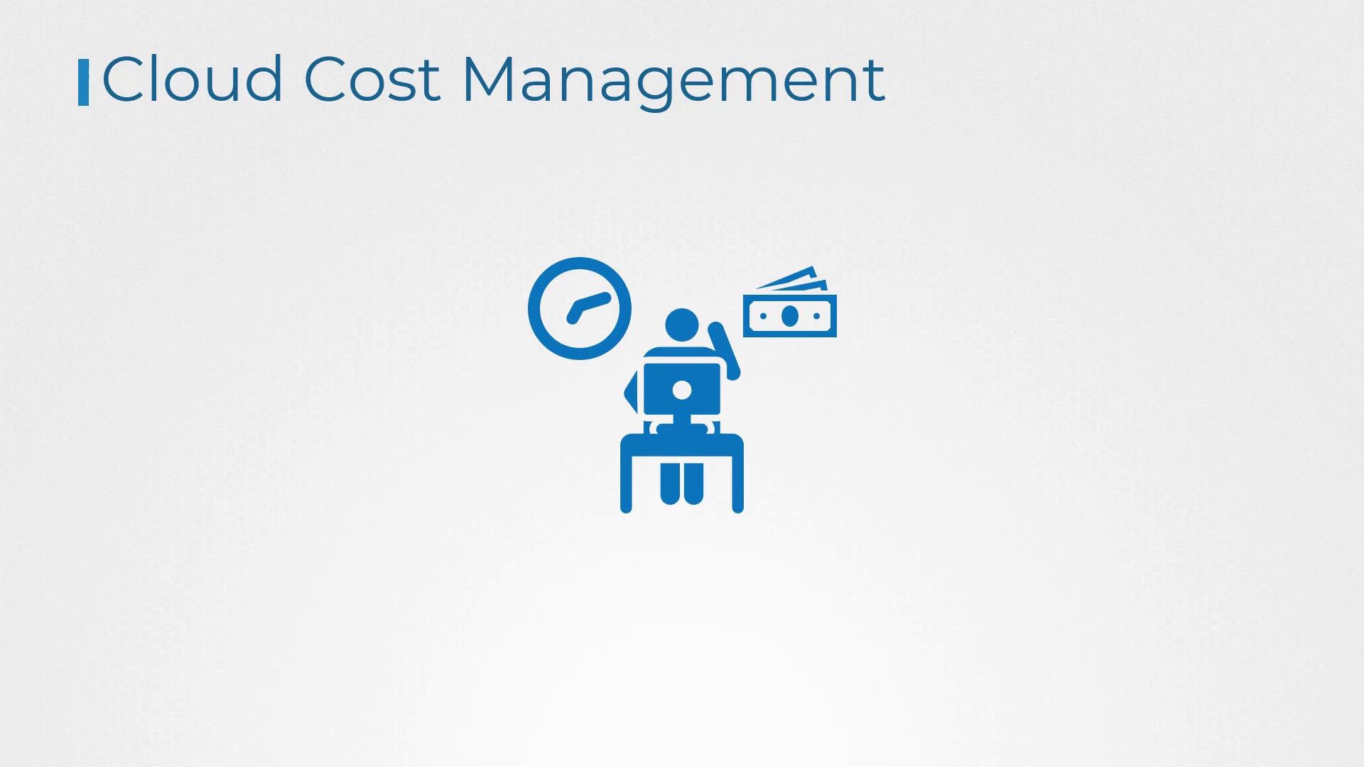The image depicts "Cloud Cost Management" with icons of a person at a computer, a clock, and money, symbolizing time and financial management.