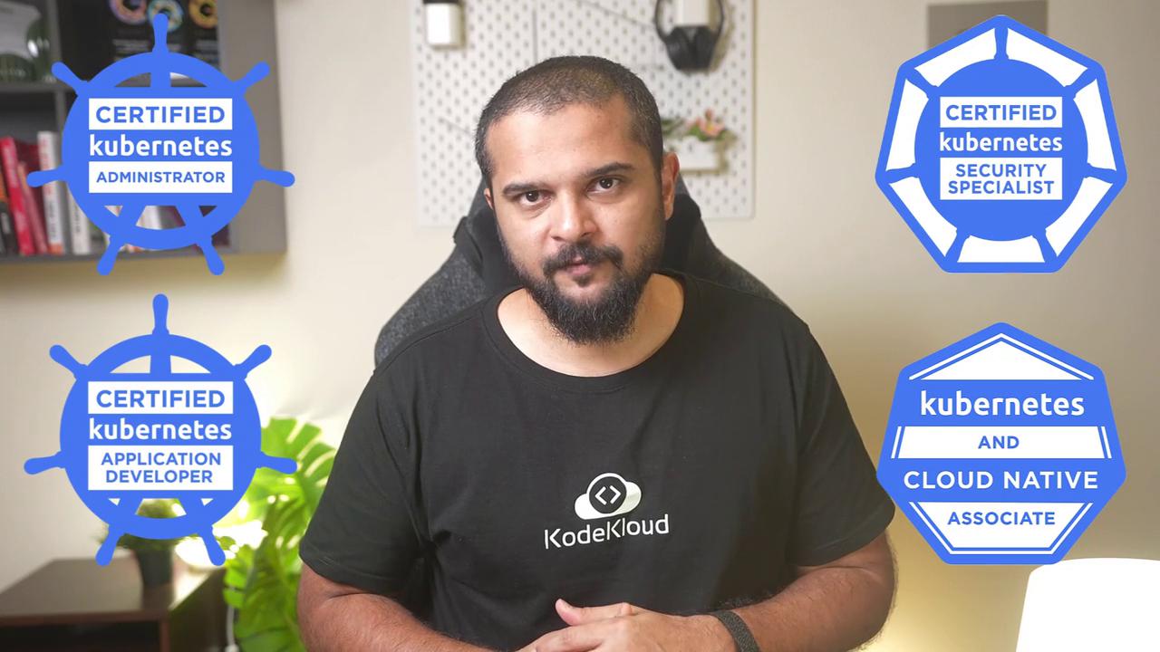 A person wearing a "KodeKloud" shirt is surrounded by Kubernetes certification badges, including Administrator, Application Developer, Security Specialist, and Cloud Native Associate.