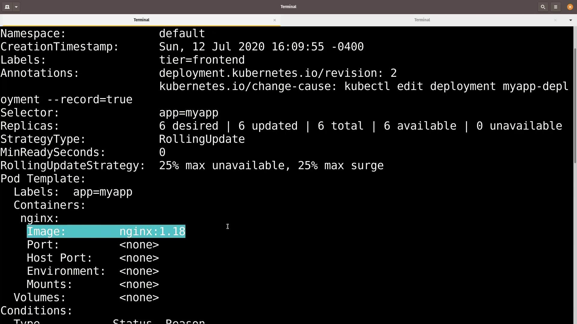 The image shows a terminal displaying Kubernetes deployment details, including namespace, replicas, strategy type, and container image version (nginx:1.18).