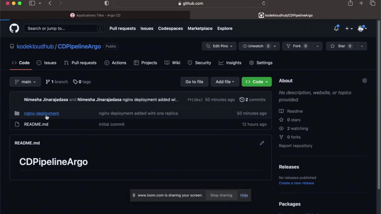 The image shows a GitHub repository page named "CDPipelineArgo" with files and recent commit details, including an "nginx-deployment" folder and a README.md file.