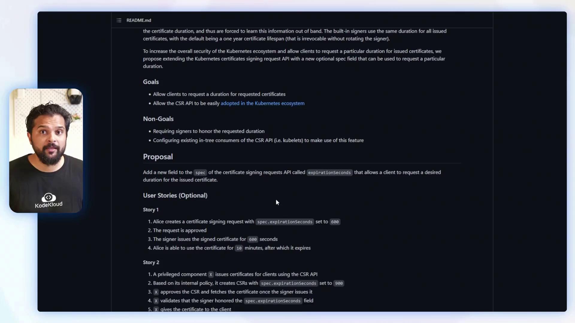 The image shows a video call with a person on the left and a document discussing Kubernetes certificate signing requests on the right.