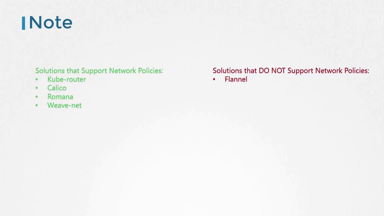 The image lists network solutions: Kube-router, Calico, Romana, and Weave-net support network policies, while Flannel does not.