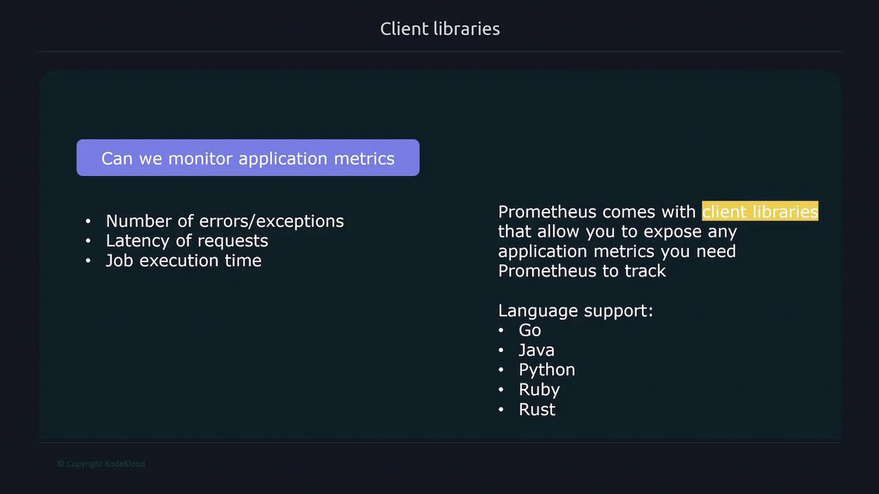 The image explains Prometheus client libraries for monitoring application metrics like errors, latency, and execution time, with support for Go, Java, Python, Ruby, and Rust.