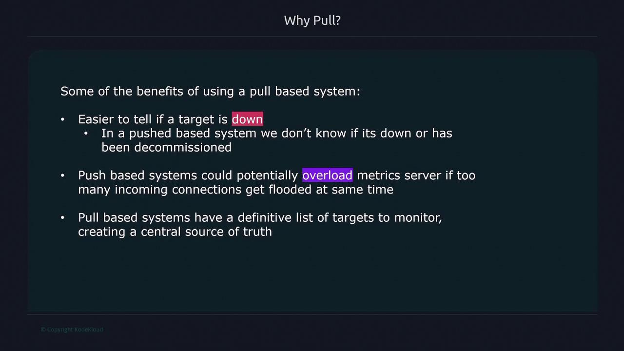 The image lists benefits of a pull-based system, highlighting easier target status detection, avoiding server overload, and maintaining a central monitoring list.