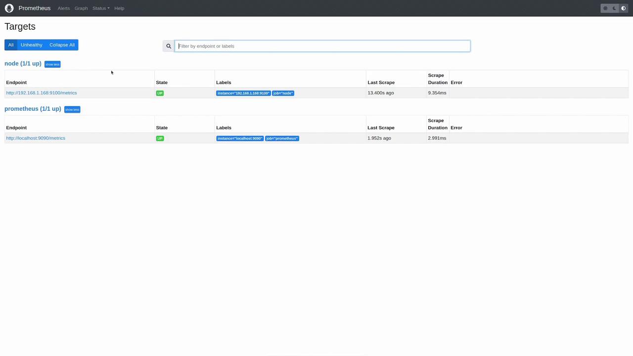 The image shows a Prometheus monitoring dashboard displaying two active targets, "node" and "prometheus," both in an "UP" state with their respective endpoints and scrape details.