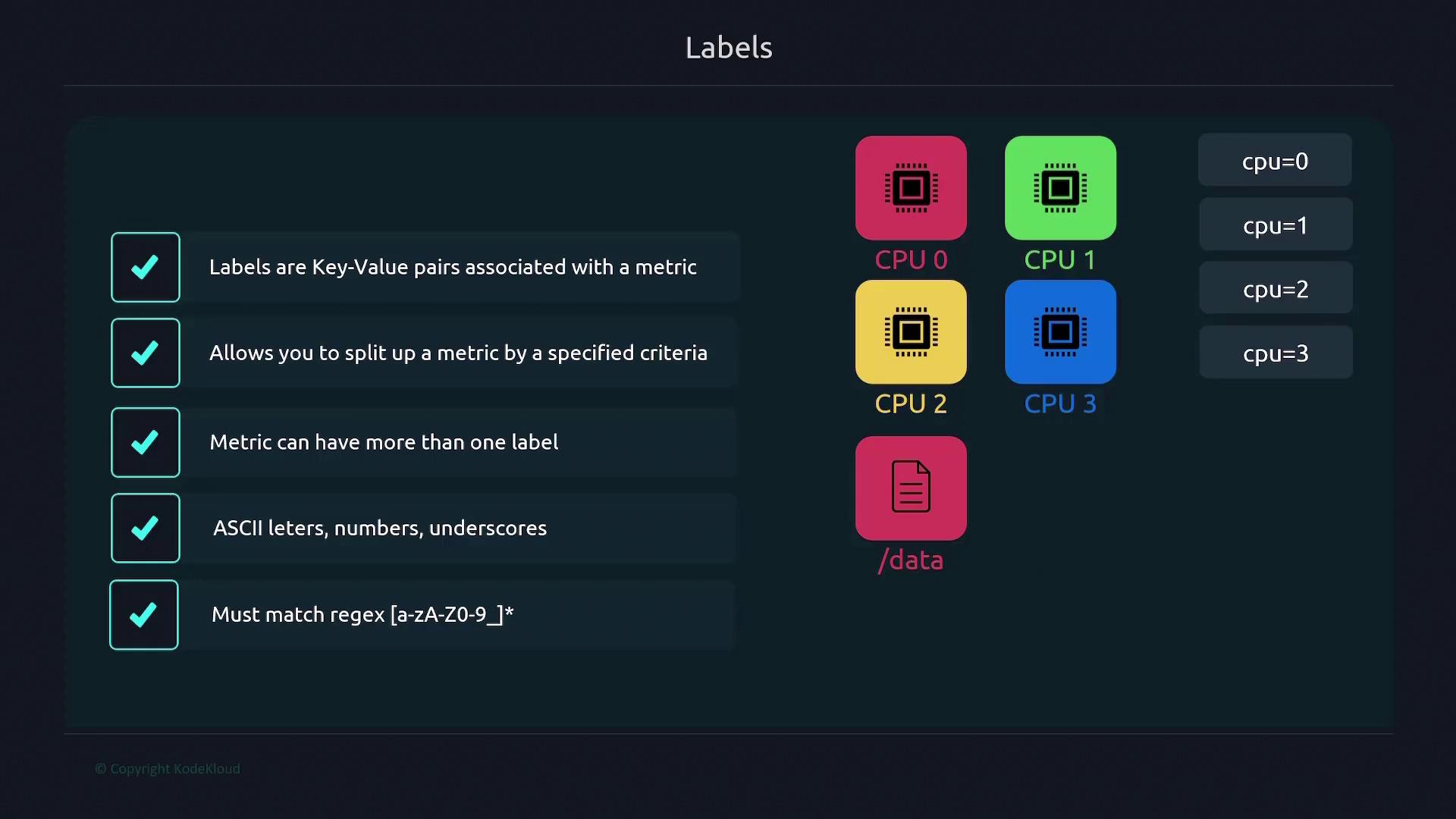 The image explains labels as key-value pairs for metrics, allowing criteria-based splitting, multiple labels, and ASCII characters, matching the regex `[a-zA-Z0-9_]*`.