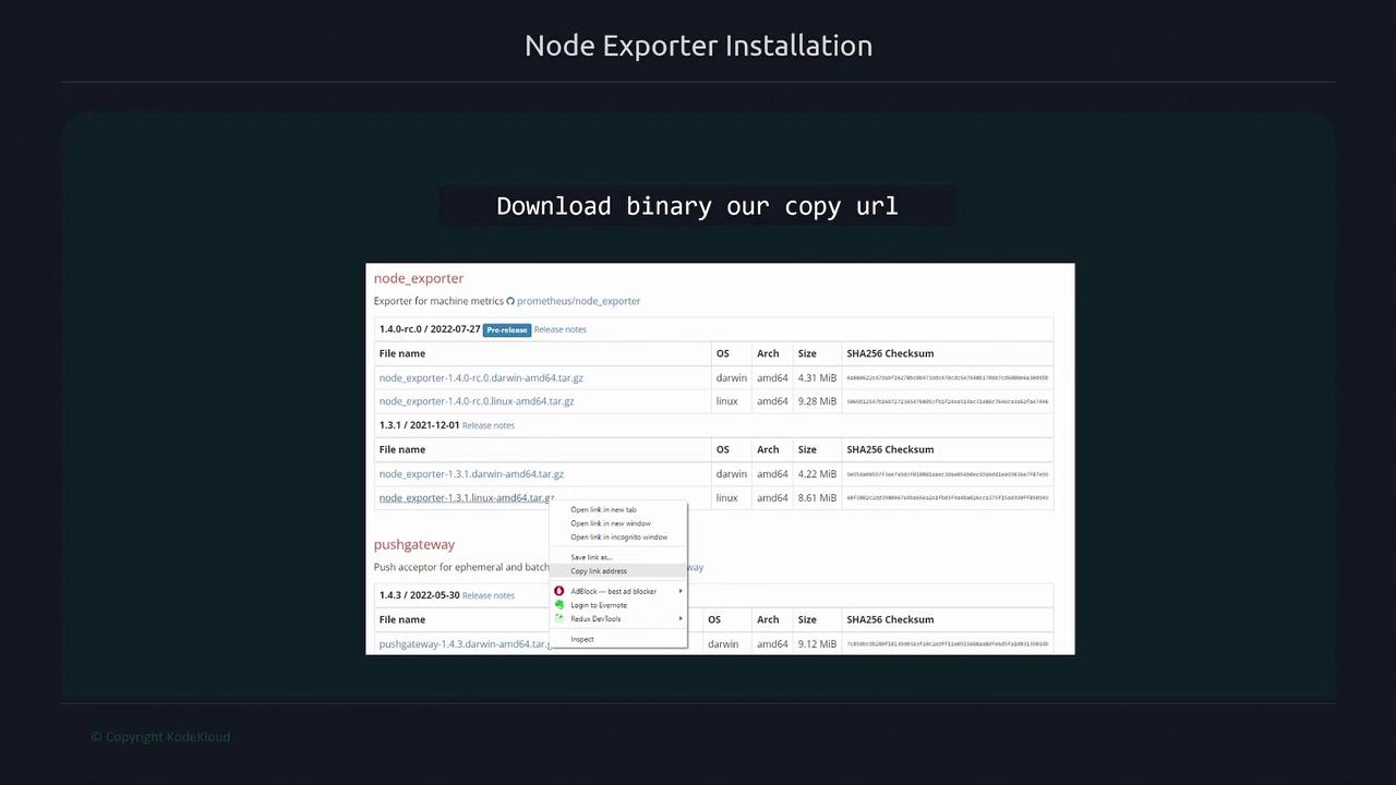 The image shows instructions for downloading Node Exporter binaries, including file names, OS, architecture, size, and SHA256 checksums.