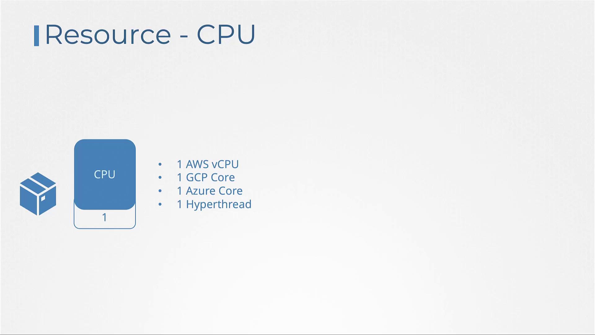 The image describes a CPU resource, equating 1 CPU to 1 AWS vCPU, 1 GCP Core, 1 Azure Core, or 1 Hyperthread.