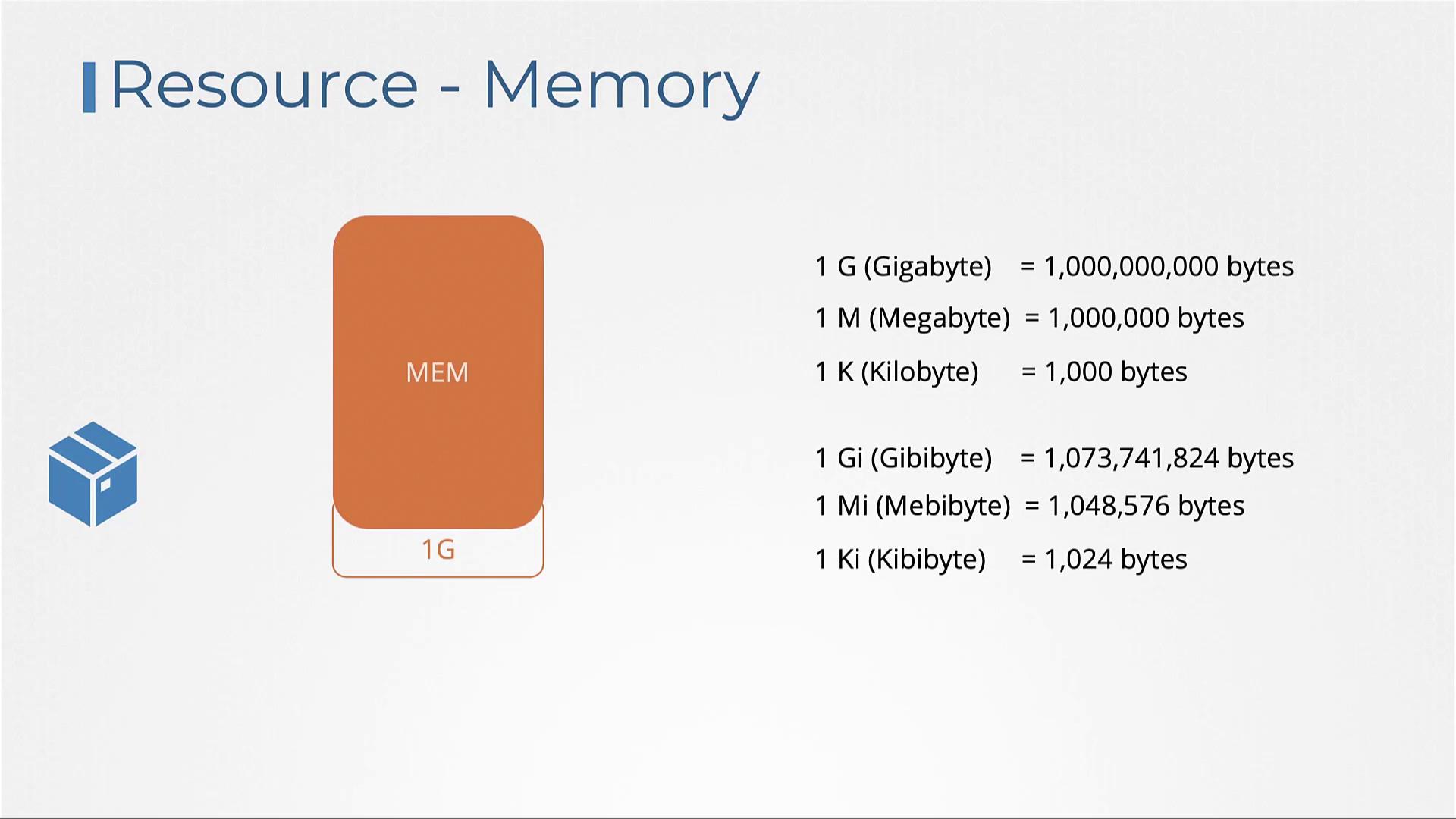 The image explains memory resource units, comparing gigabytes, megabytes, kilobytes, gibibytes, mebibytes, and kibibytes with their respective byte values.