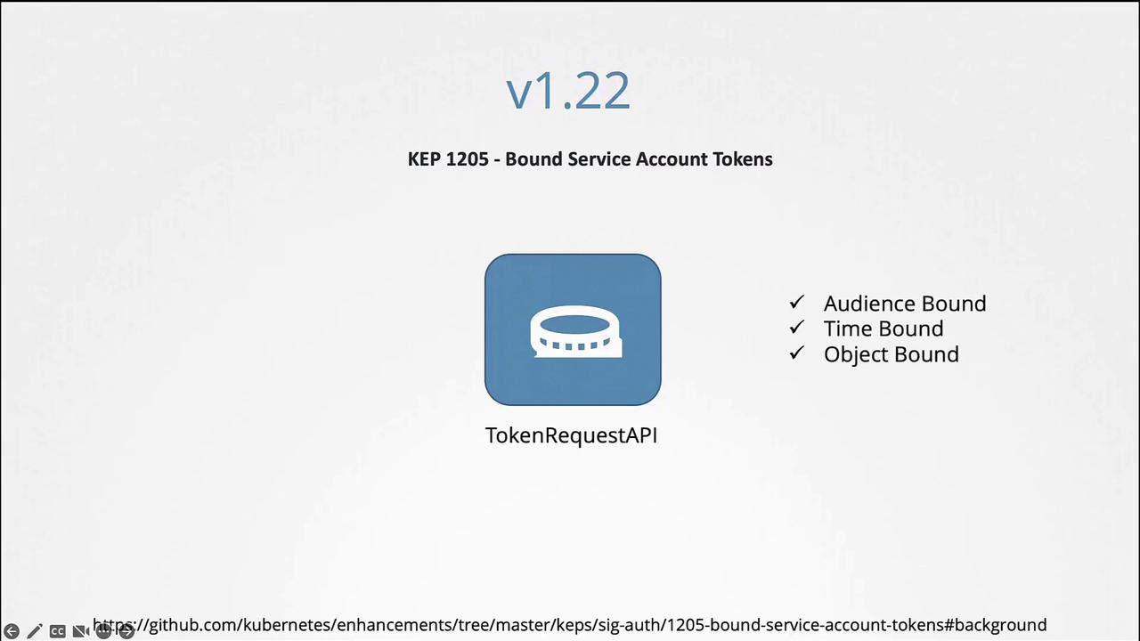 The image is about Kubernetes v1.22, featuring KEP 1205 for Bound Service Account Tokens, highlighting TokenRequestAPI with audience, time, and object-bound features.