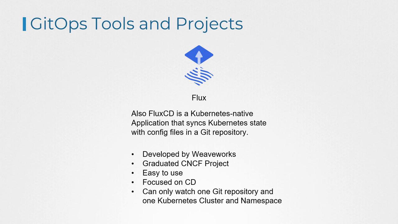 The image describes Flux, a Kubernetes-native application for syncing Kubernetes state with Git repositories, developed by Weaveworks, and highlights its features and limitations.
