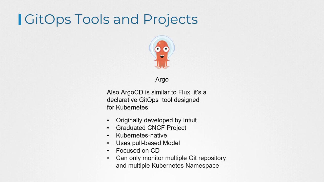 The image describes ArgoCD, a declarative GitOps tool for Kubernetes, highlighting its features and origins, including its development by Intuit and CNCF graduation.