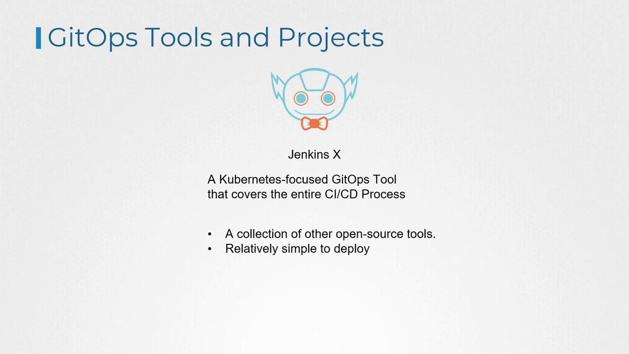 The image describes Jenkins X, a Kubernetes-focused GitOps tool for CI/CD processes, highlighting its open-source nature and ease of deployment.