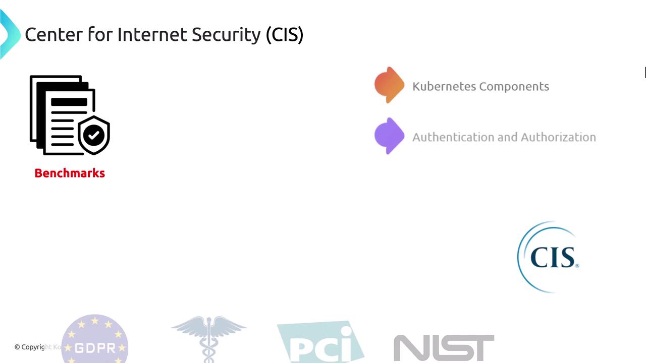 The image is about the Center for Internet Security (CIS) and features icons and text related to benchmarks, Kubernetes components, and authentication and authorization. Logos for GDPR, PCI, and NIST are also visible.