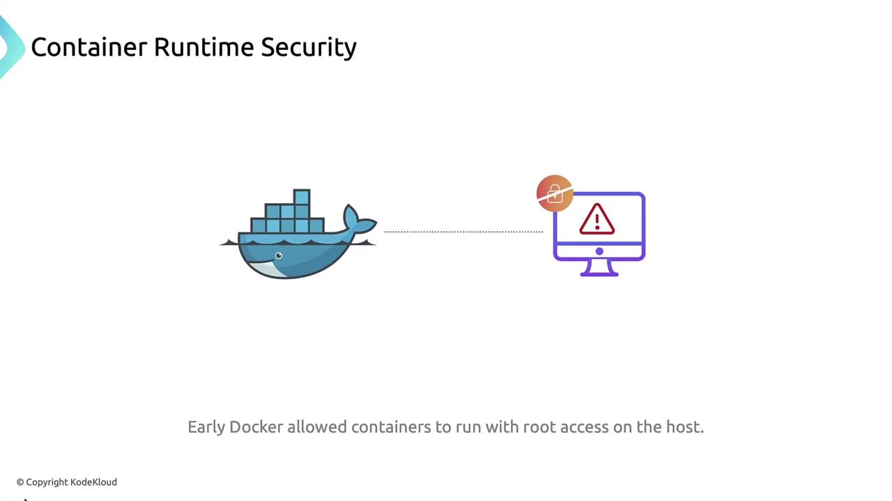 The image illustrates a concept of container runtime security, showing a Docker container linked to a computer with a security alert, highlighting that early Docker versions allowed containers to run with root access on the host.