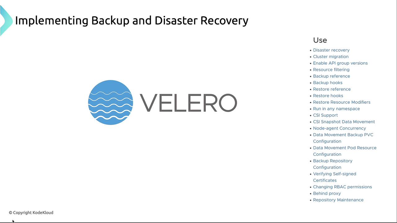 The image is a presentation slide titled "Implementing Backup and Disaster Recovery" featuring the Velero logo and a list of use cases related to backup and disaster recovery.