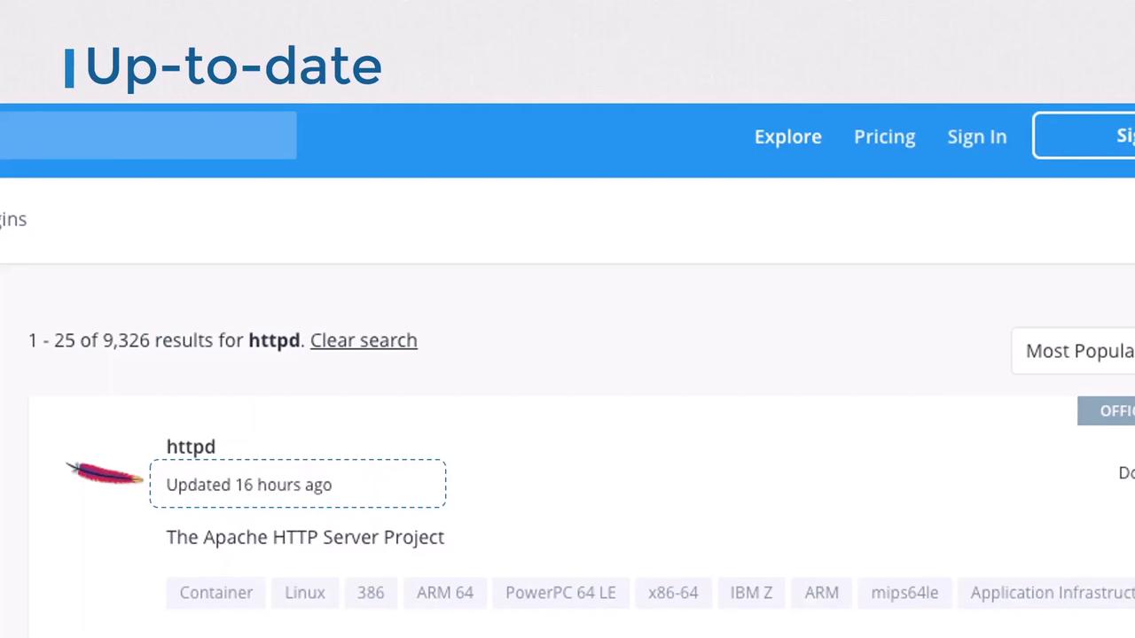 The image shows a webpage displaying search results for "httpd," specifically the Apache HTTP Server Project, with details about its recent update and supported platforms.