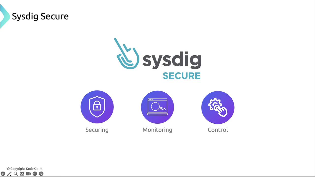 The image is a presentation slide for "Sysdig Secure," featuring three icons labeled "Securing," "Monitoring," and "Control."
