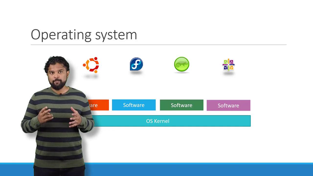 A person stands in front of a diagram explaining operating systems, featuring logos of various Linux distributions and a layered structure showing software and OS kernel components.