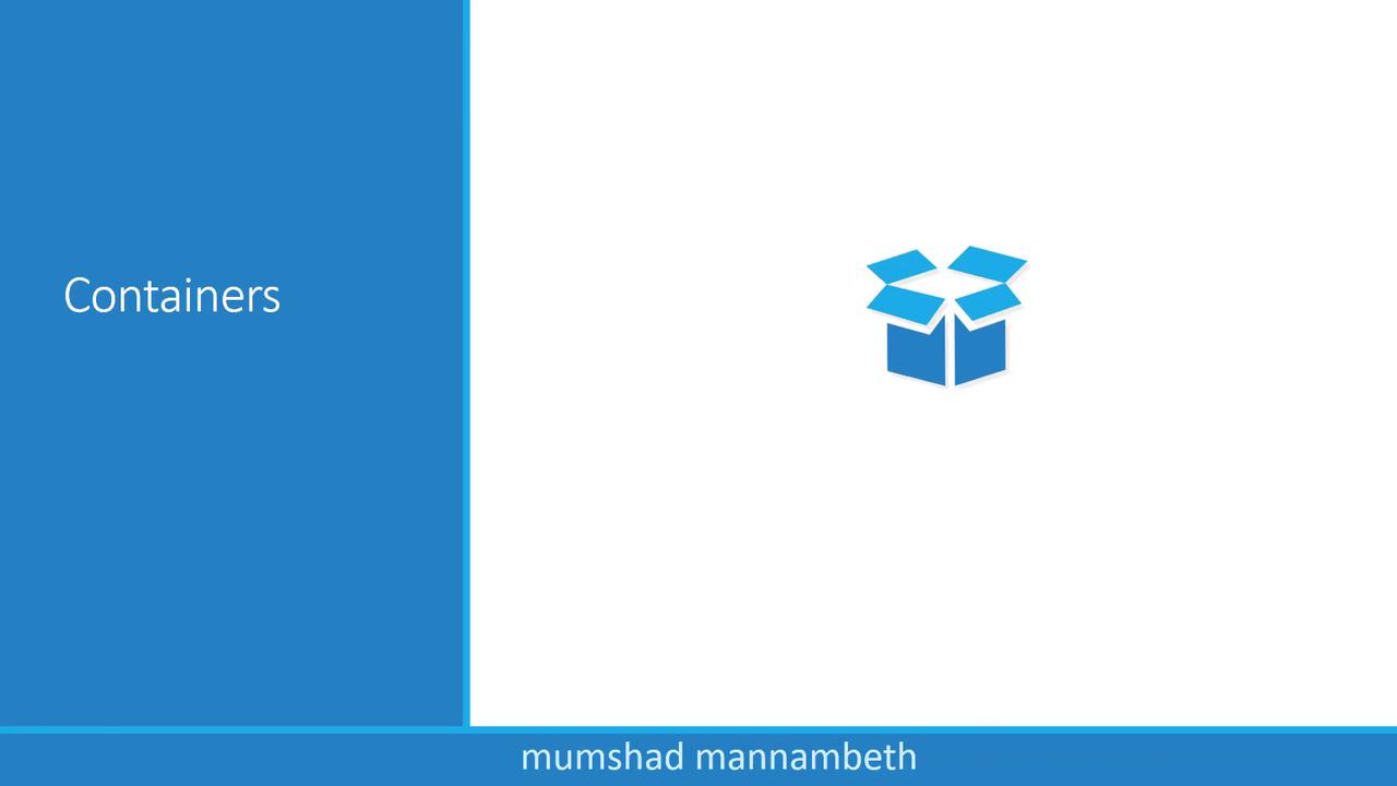 The image features a blue and white design with the word "Containers" and an icon of an open box, along with the name "mumshad mannambeth" at the bottom.