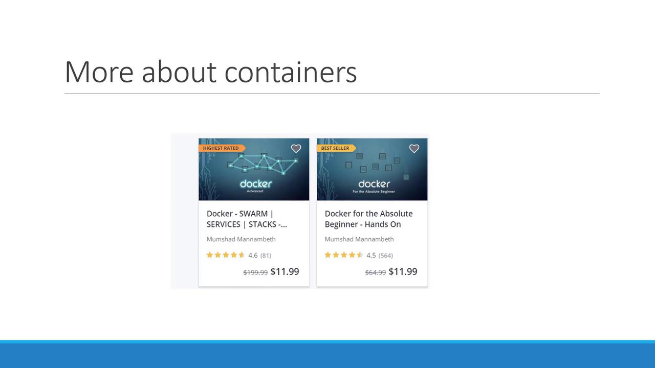 The image shows two Docker courses on sale, highlighting "Docker - SWARM | SERVICES | STACKS" and "Docker for the Absolute Beginner," with ratings and discounted prices.