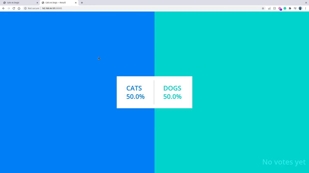 The image shows a split screen with equal blue and teal sections, displaying a 50% vote for both "CATS" and "DOGS."