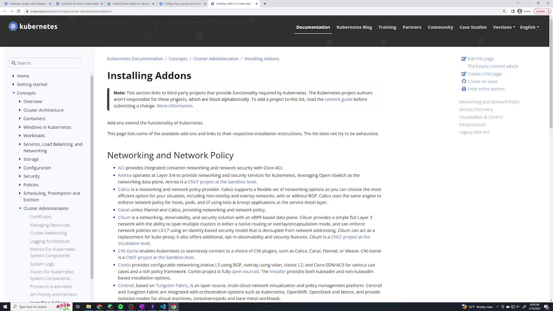 The image shows a webpage from Kubernetes documentation about installing add-ons, focusing on networking and network policy options like ACI, Antrea, and Calico.