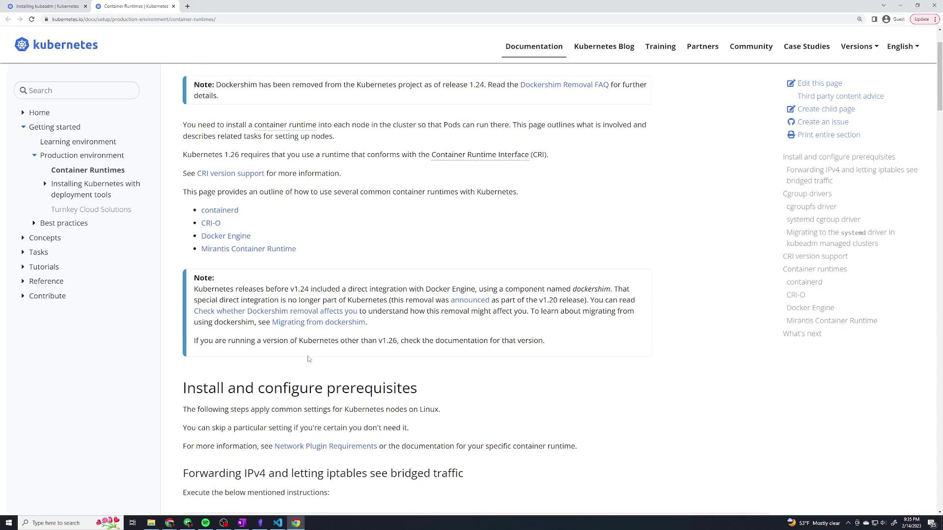 The image shows a Kubernetes documentation webpage about container runtimes, discussing Docker's removal and alternatives like containerd and CRI-O, with installation prerequisites and configuration steps.