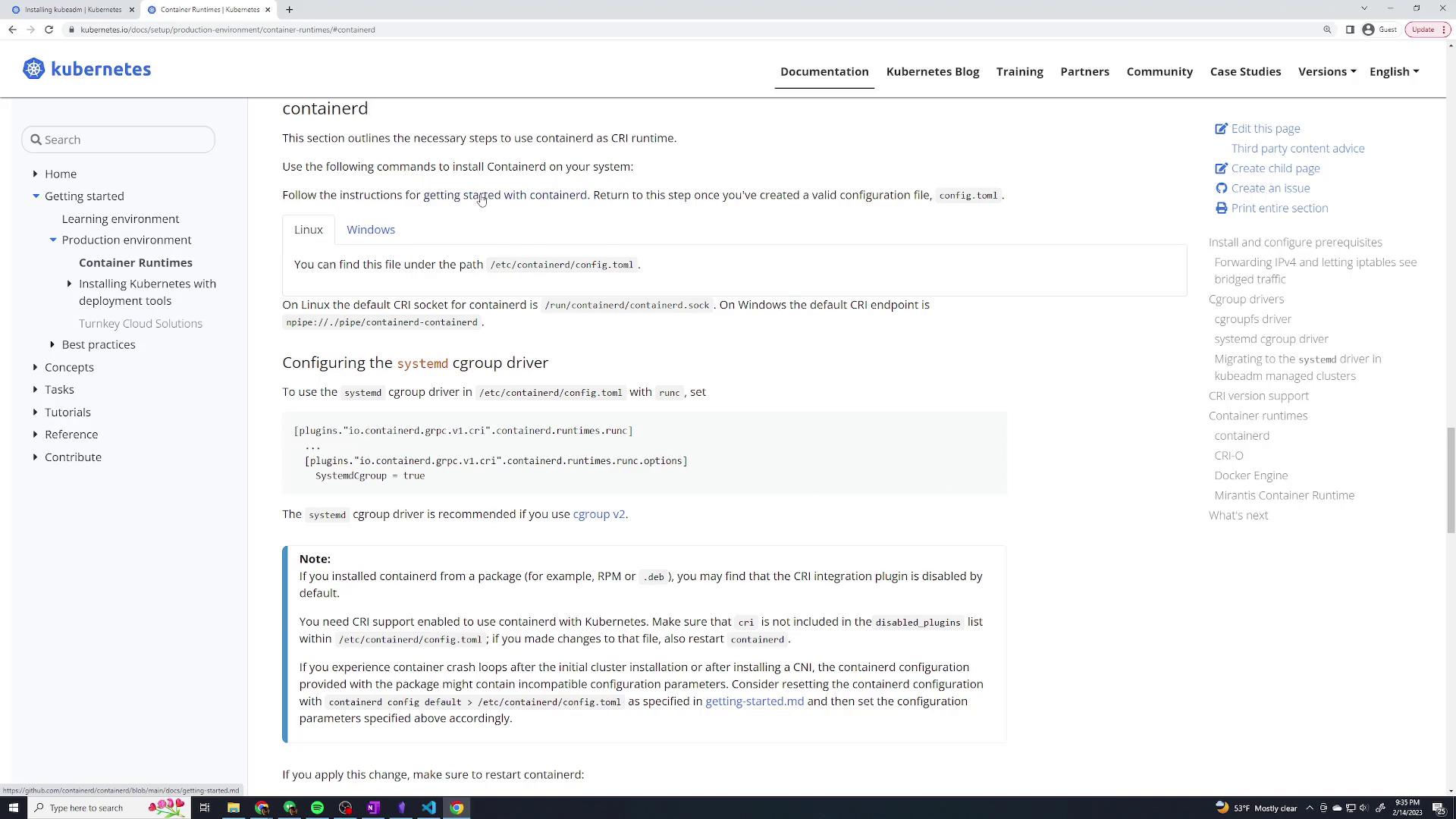 The image shows a webpage from Kubernetes documentation, detailing steps to configure and install containerd as a CRI runtime, including cgroup driver settings.