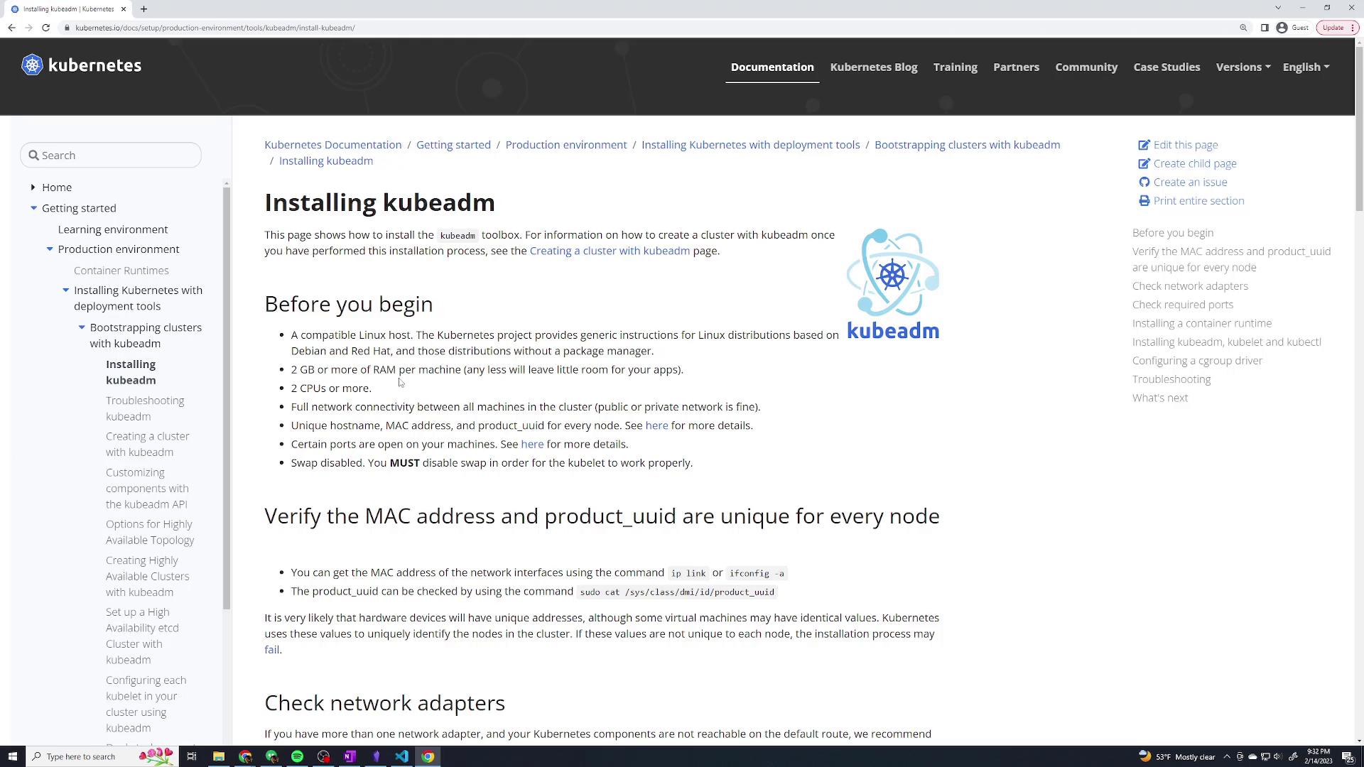 The image shows a webpage from Kubernetes documentation detailing the installation of kubeadm, including prerequisites and setup instructions.