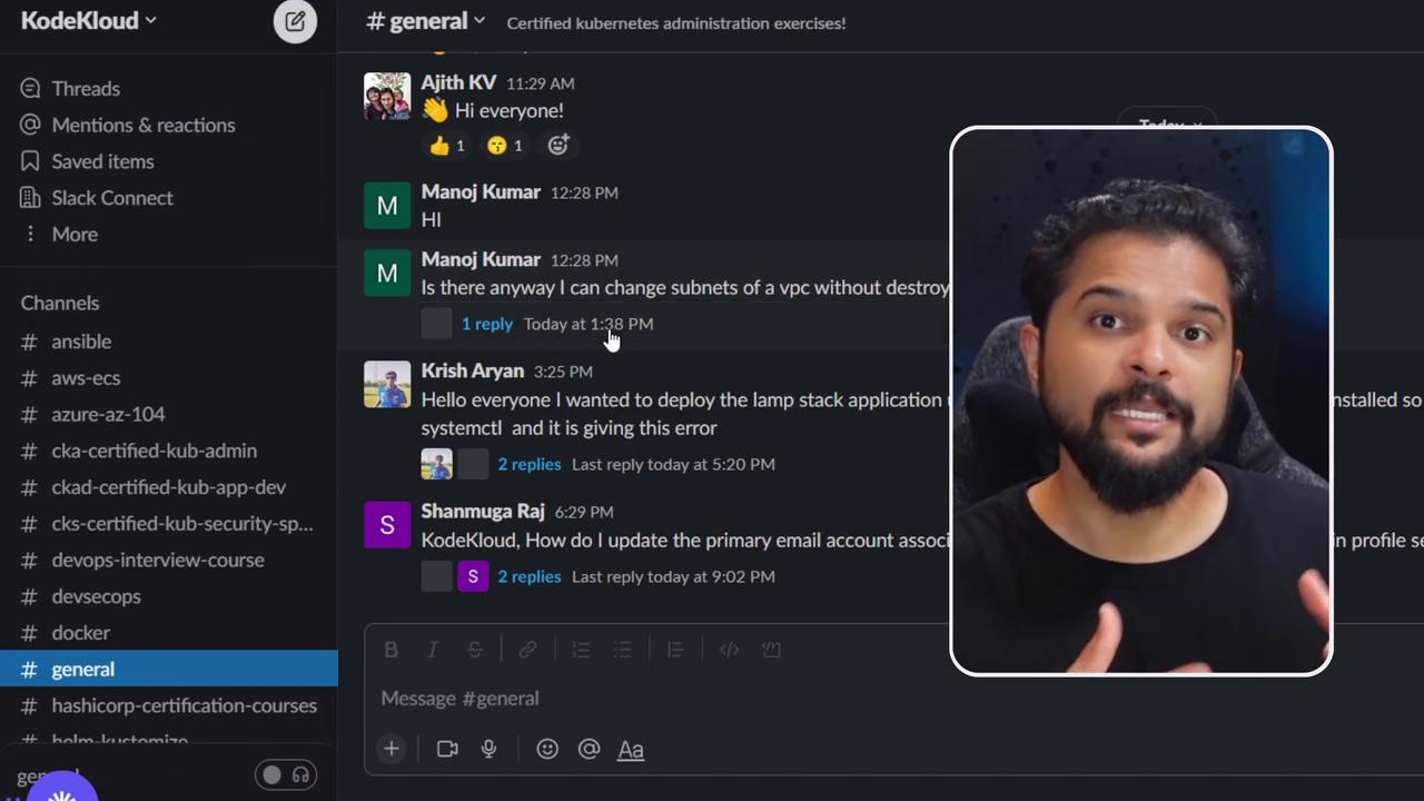 The image shows a Slack chat interface with messages in the #general channel, alongside a video call or presentation with a person speaking.