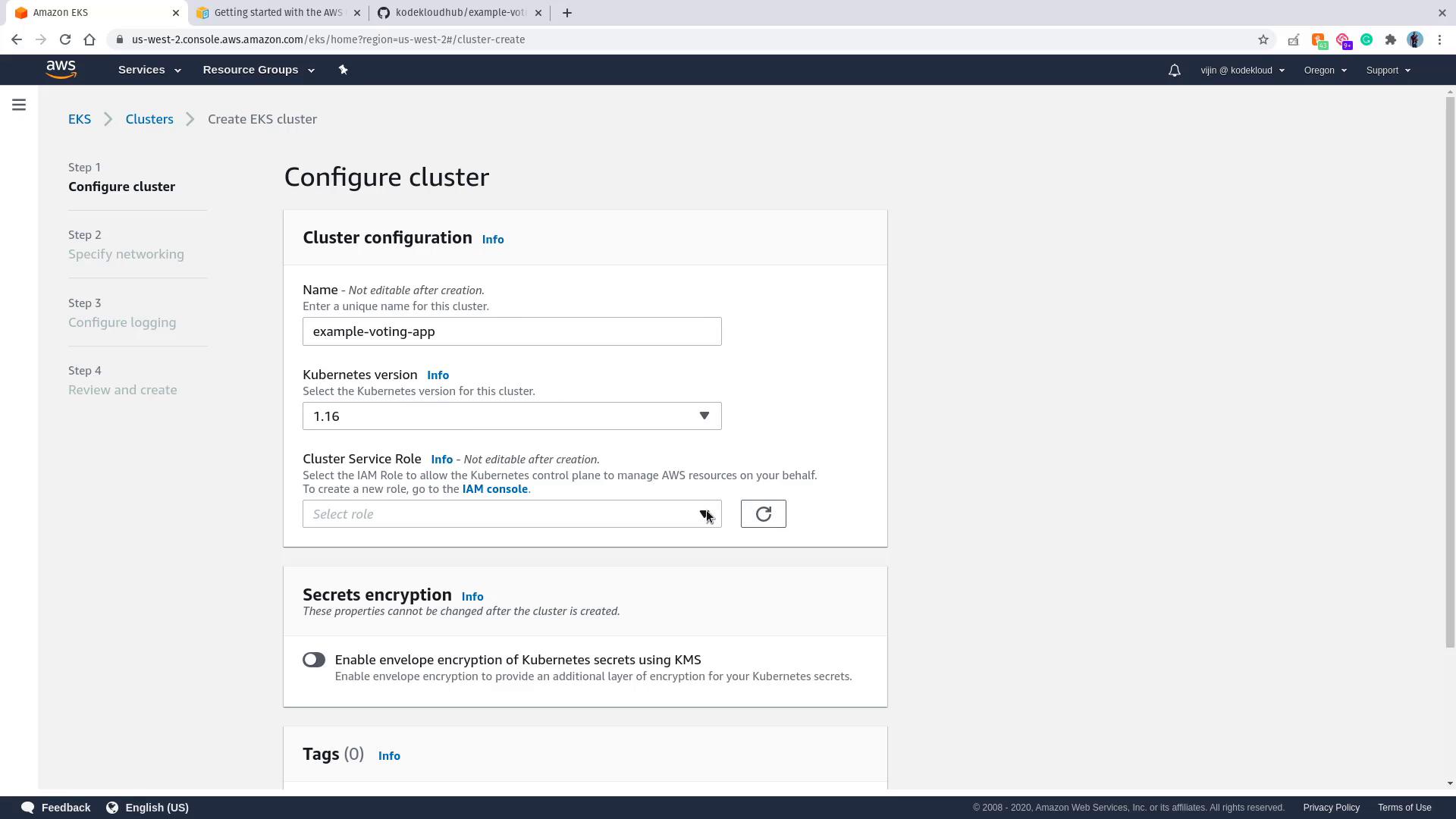 The image shows the AWS EKS console interface for configuring a Kubernetes cluster, including options for naming, version selection, and secrets encryption.