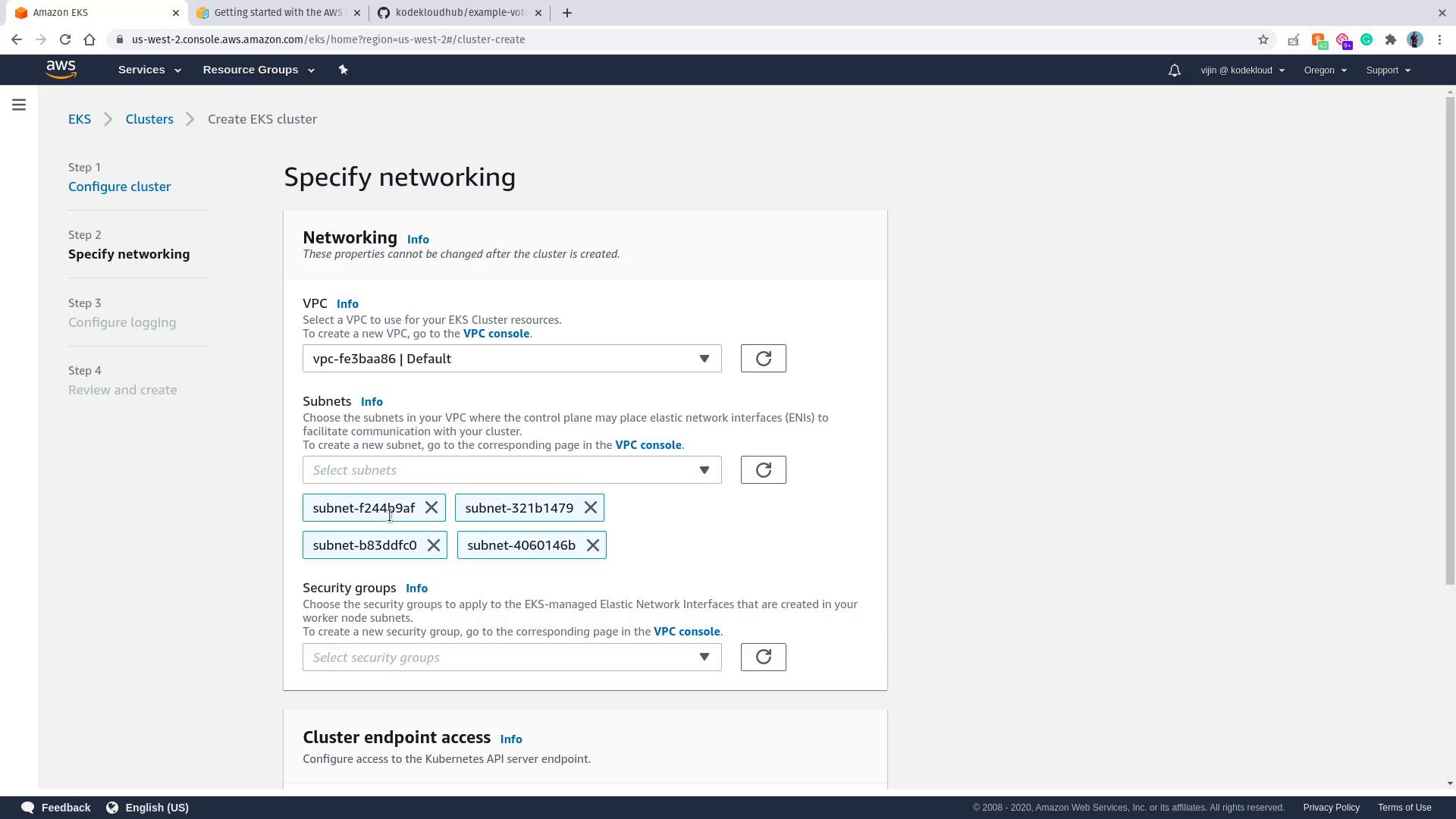 The image shows the "Specify networking" step in creating an Amazon EKS cluster, where VPC and subnets are selected for network configuration.