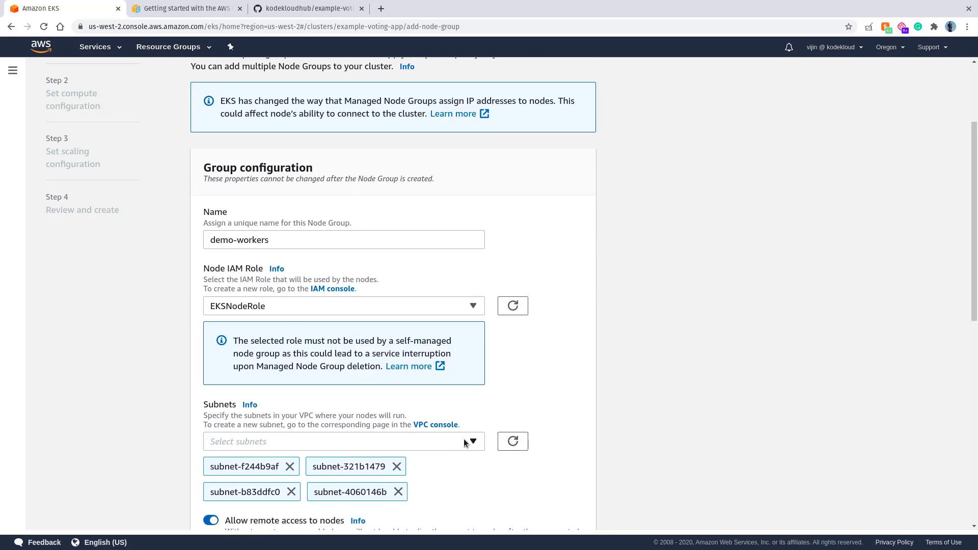 The image shows an AWS EKS console screen for configuring a node group, including fields for naming, IAM role selection, and subnet configuration.
