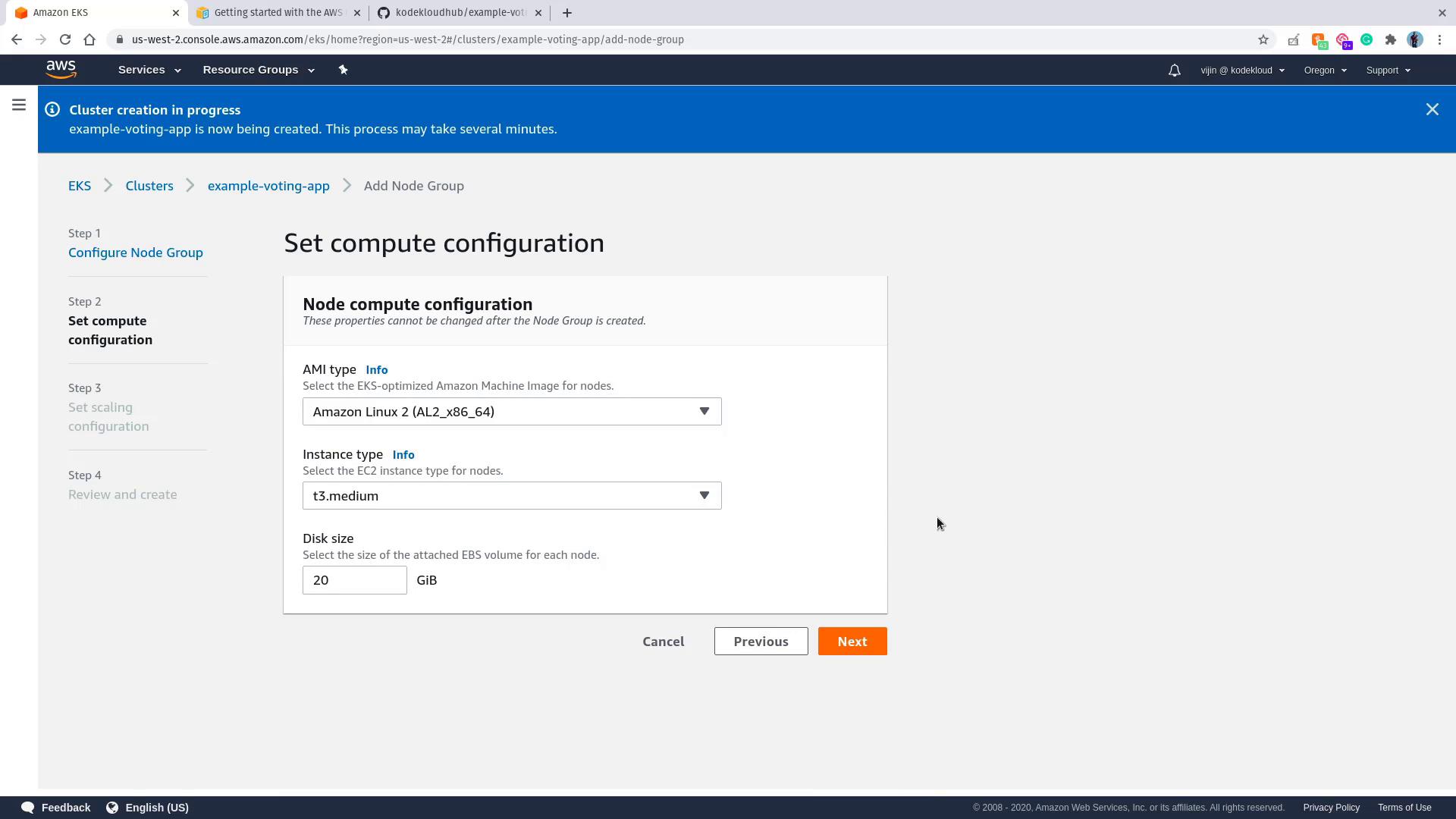 The image shows an AWS EKS console screen for setting node compute configuration, including AMI type, instance type, and disk size for a cluster.