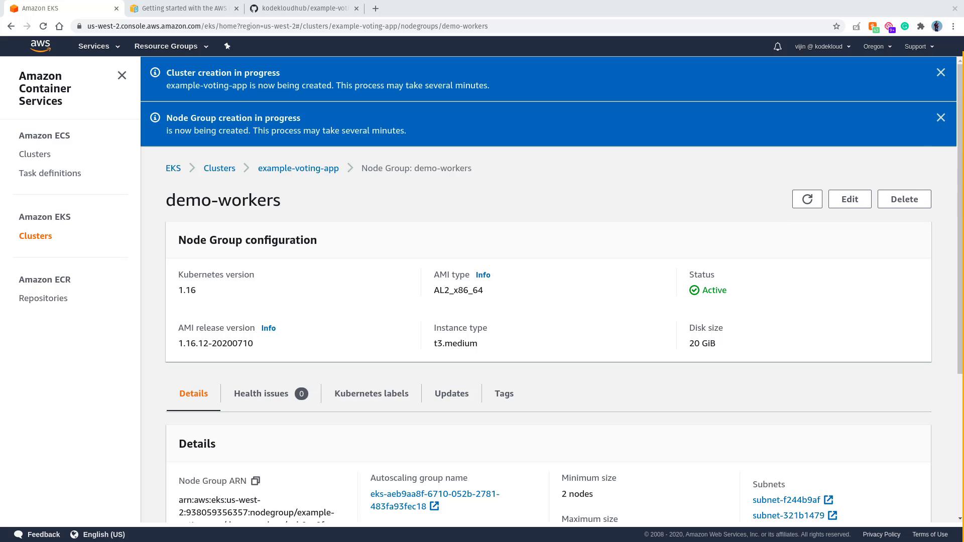 The image shows an Amazon EKS console with a node group configuration for "demo-workers," indicating an active status and details like Kubernetes version and instance type.