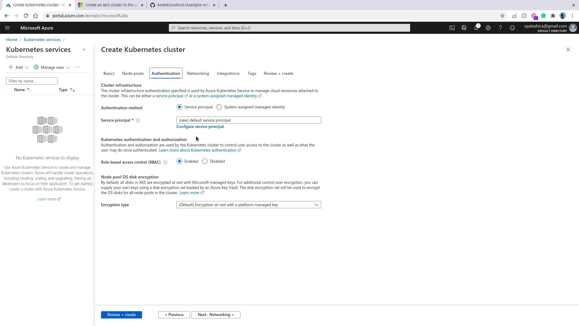 The image shows the "Create Kubernetes cluster" page on Microsoft Azure, focusing on authentication settings, including service principal, RBAC, and node pool OS disk encryption options.