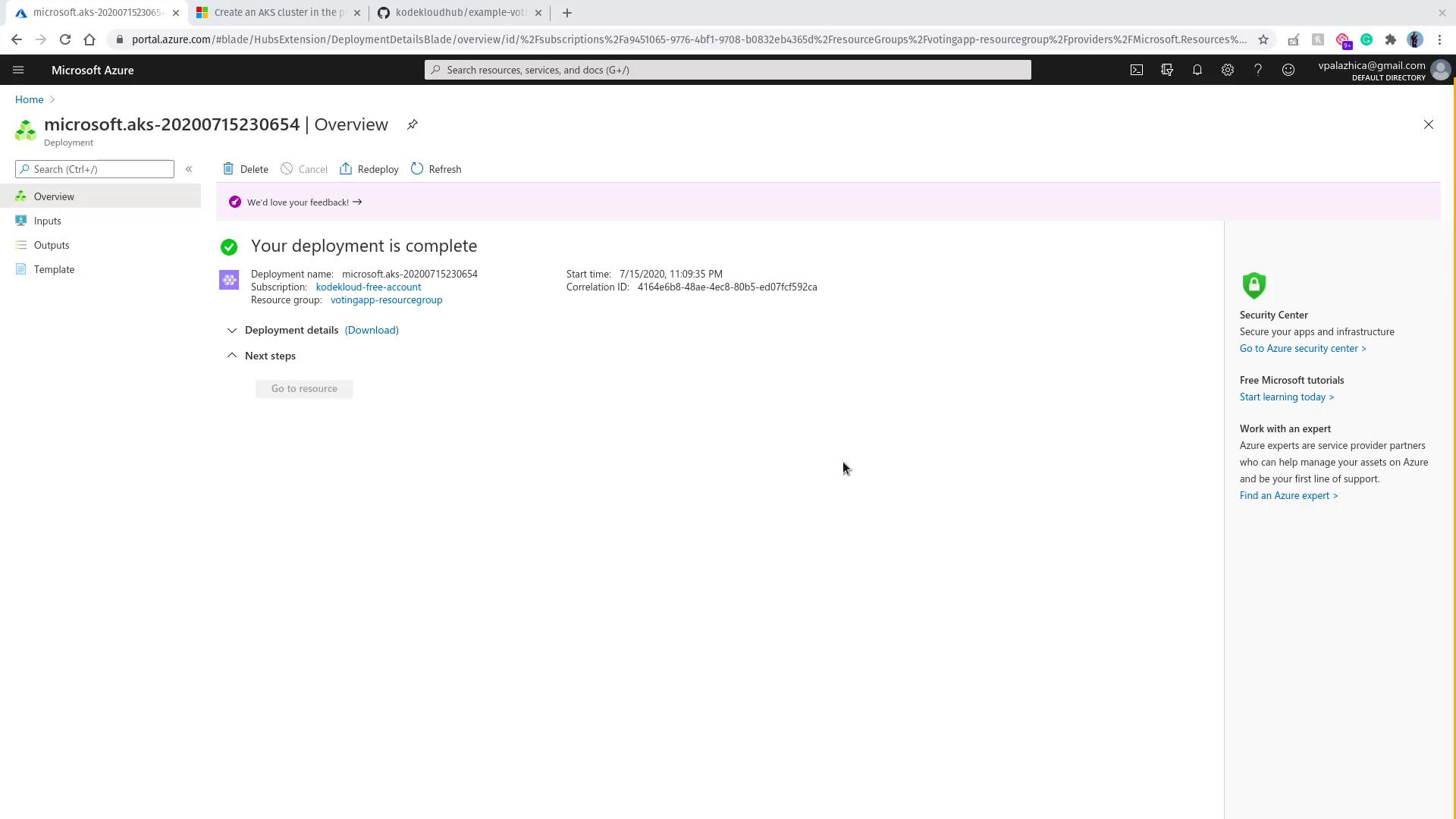 The image shows a Microsoft Azure portal indicating a successful deployment completion for a resource group named "votingapp-resourcegroup."