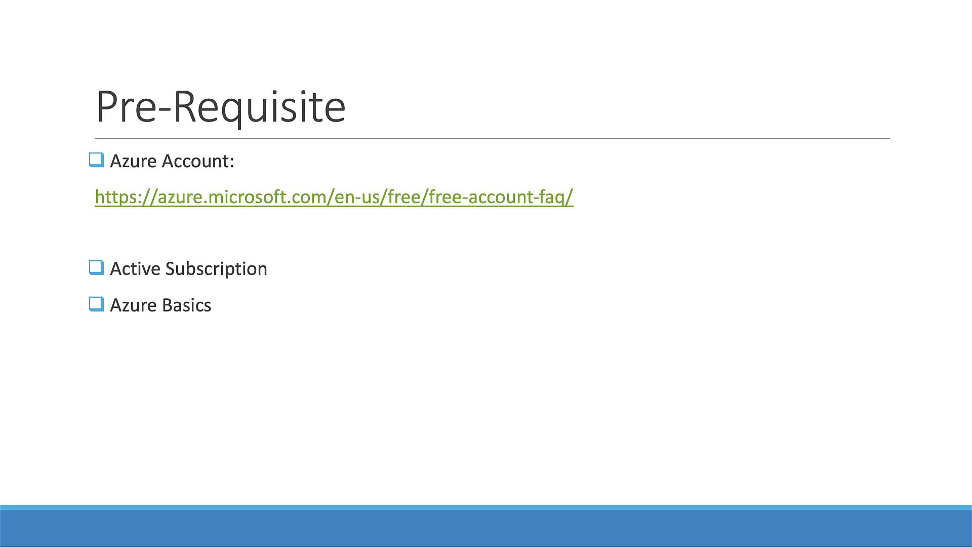The image lists prerequisites for Azure, including an Azure account, active subscription, and Azure basics, with a link to Azure's free account FAQ.