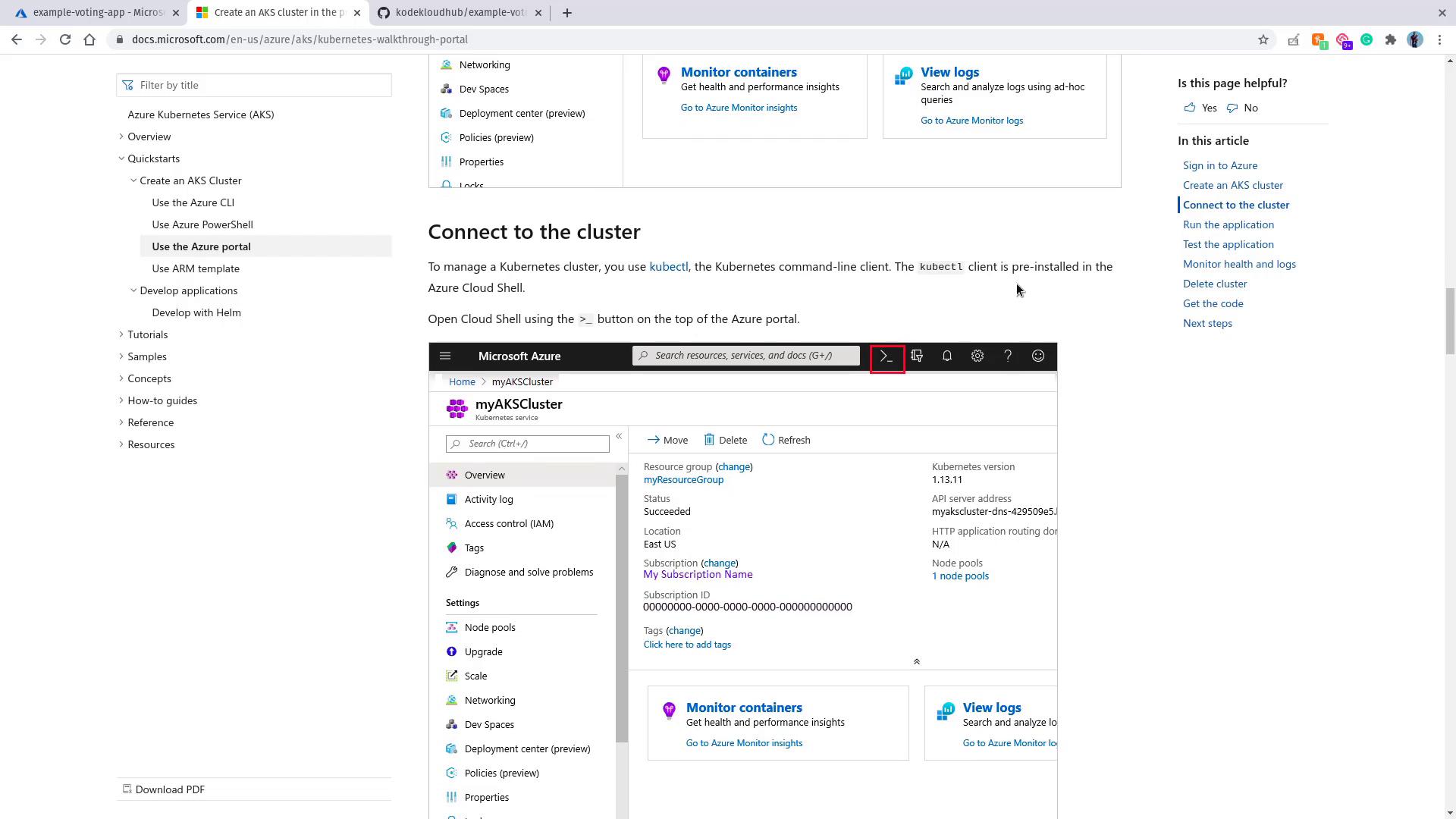 The image shows a Microsoft Azure documentation page about connecting to a Kubernetes cluster using the Azure portal, featuring a screenshot of the Azure interface.