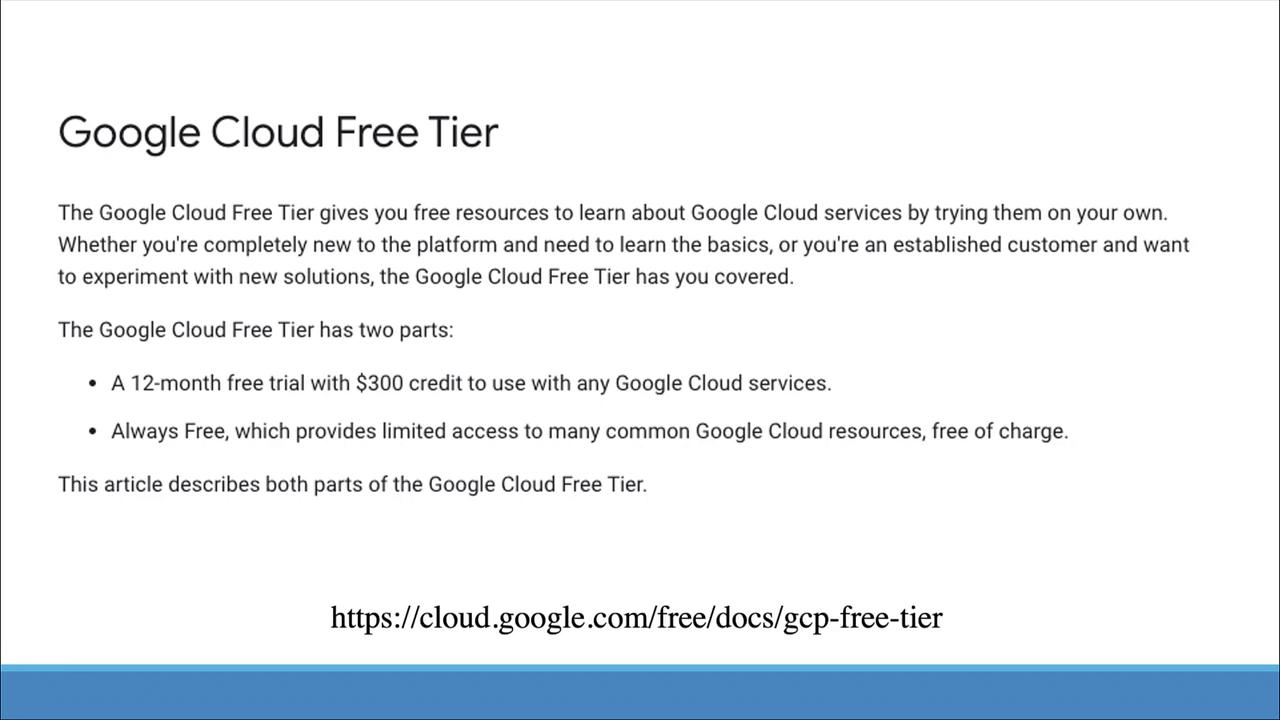 The image describes Google Cloud's Free Tier, offering a 12-month trial with $300 credit and limited free access to resources.