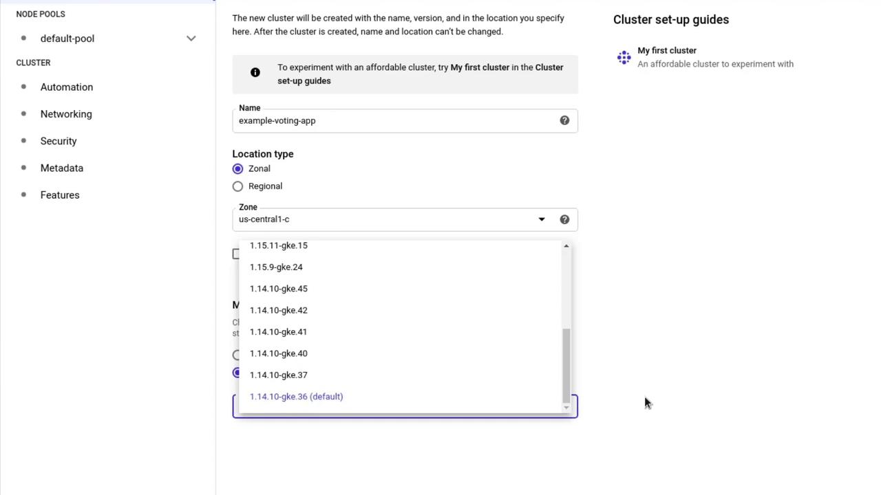 The image shows a Google Cloud Platform interface for setting up a Kubernetes cluster, with options for naming, location type, and version selection.
