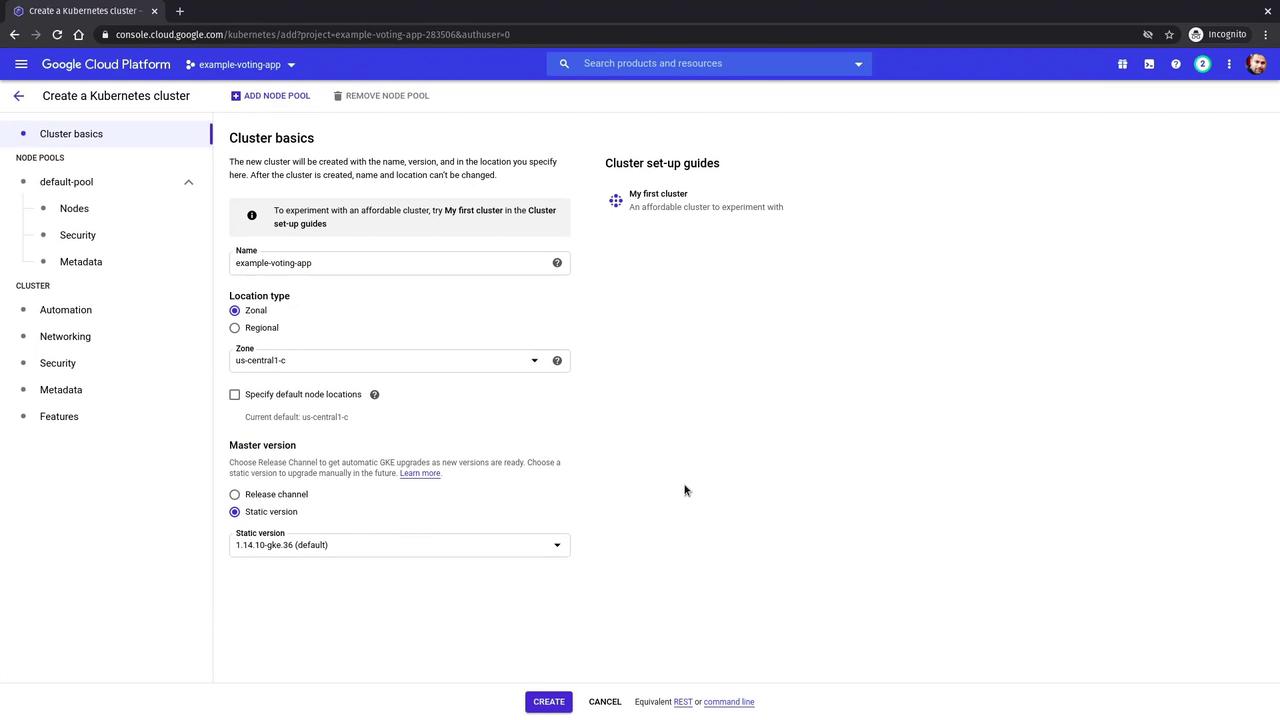 The image shows the Google Cloud Platform interface for creating a Kubernetes cluster, with options for cluster basics, location, and master version settings.