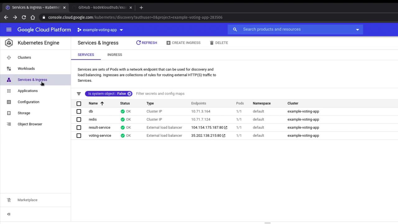 The image shows the Google Cloud Platform Kubernetes Engine interface, displaying services and ingress details for an "example-voting-app" with various endpoints and statuses.