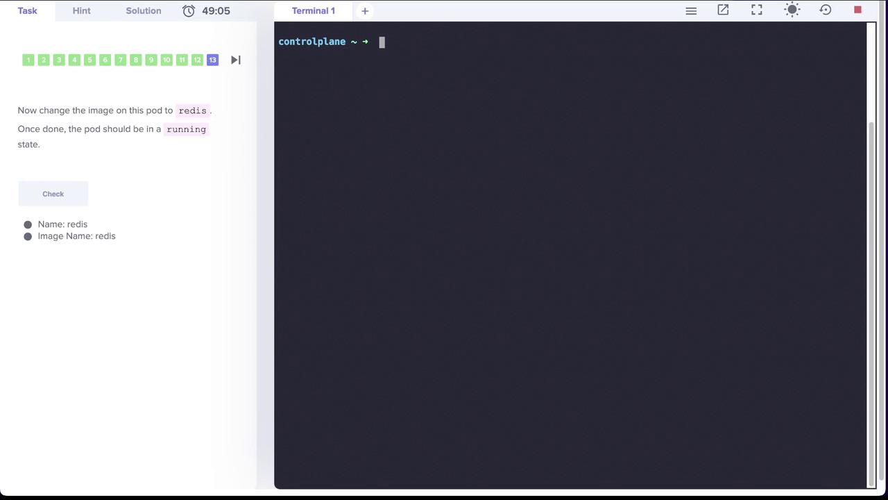 A terminal interface with instructions to change a pod's image to "redis" and ensure it is in a running state.